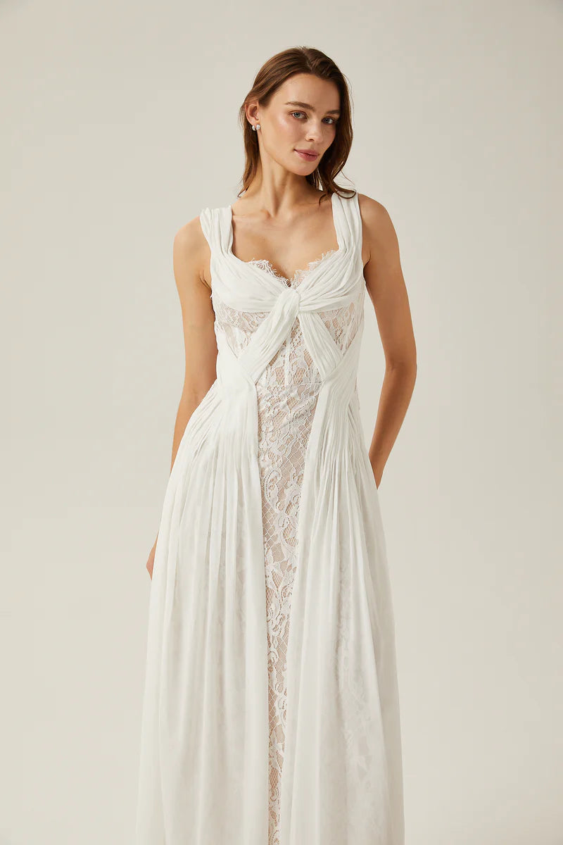 Robe maxi plissée en dentelle blanche Arantxa