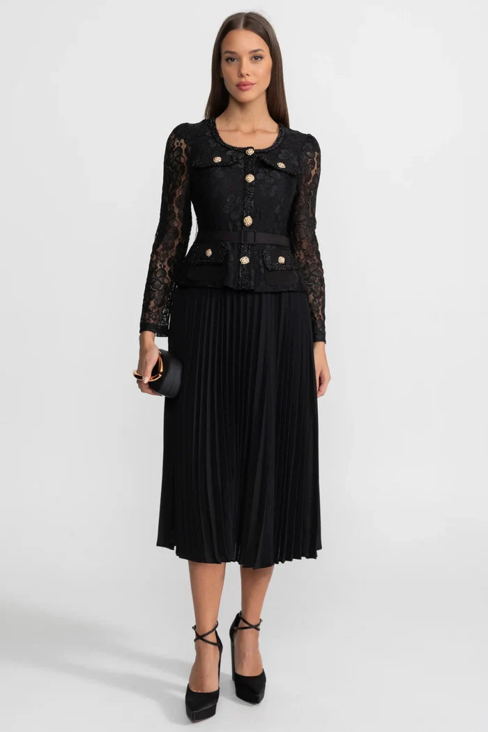 Lace and Pleated Midi Dress with Gold Button Detailing - Black
