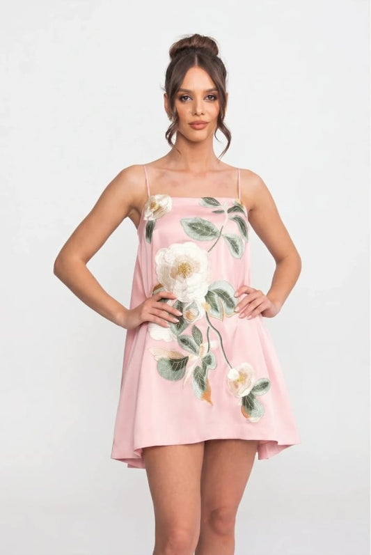 Spaghetti-Strap Mini Dress With 3D Floral Appliqué And A-Line Skirt - Pink