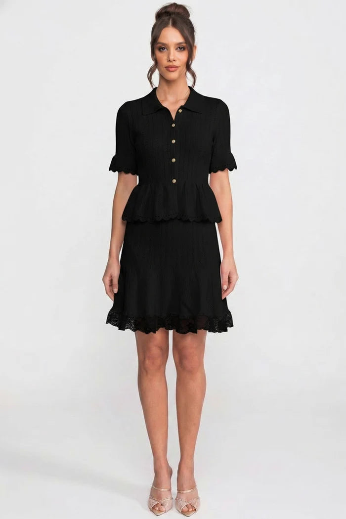 Polo-Collar Mini Dress With Button Top, Peplum Waist And Lace Hem - Black