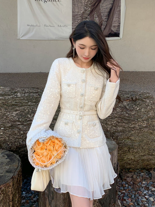 long sleeve beige dress fake two-piece dress