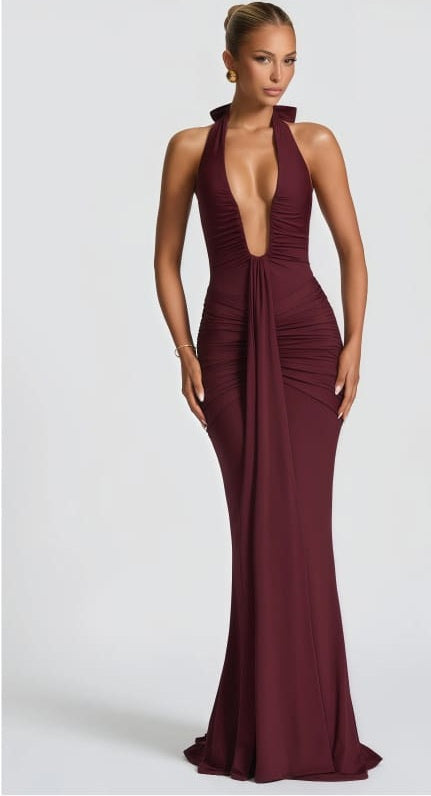 Aiglantine Burgundy Halterneck Ruched Maxi Dress