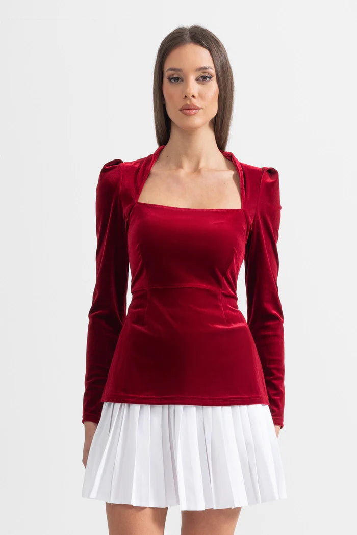 Two-Piece Velvet Ensemble With Contrasting Pleated Skirt - Red