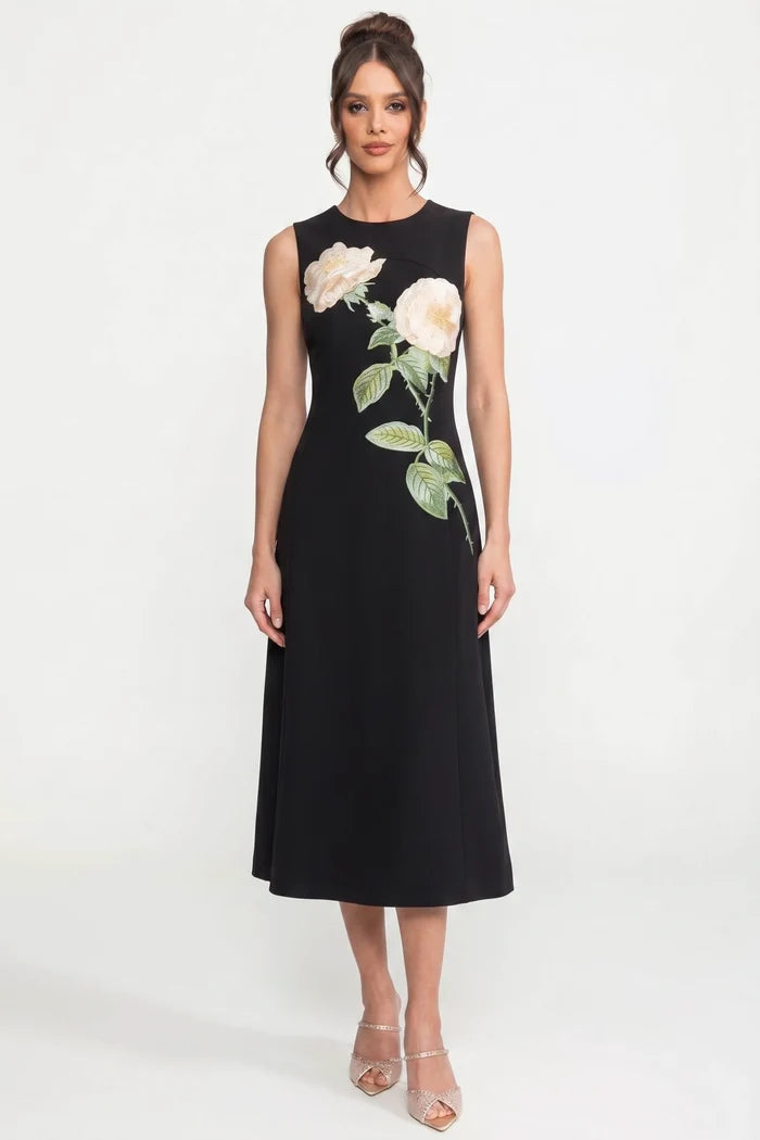 Sleeveless Midi Dress With 3D Floral Appliqué And Full Skirt - Black