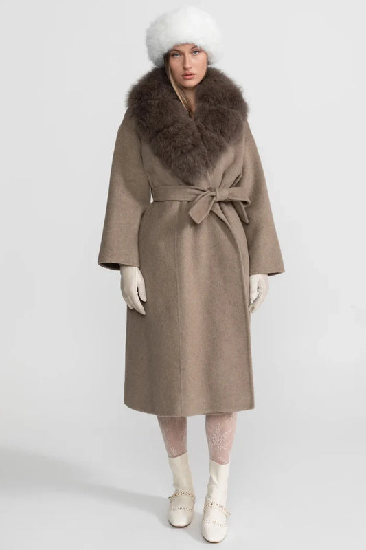 Wool Wrap Coat with Fox Fur Collar And Tie Belt – Khaki