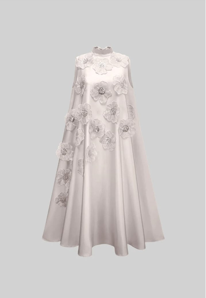Sleeveless Floral A-Line Dress With High Collar And Textured Embellishments - White