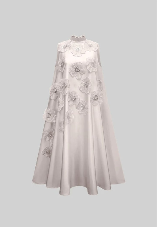 Sleeveless Floral A-Line Dress With High Collar And Textured Embellishments - White