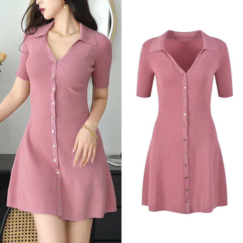 Short sleeve polo lapel V-neck dress