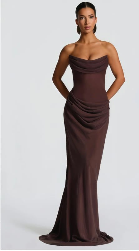 Vedette Brown Ruched Corset Maxi Dress