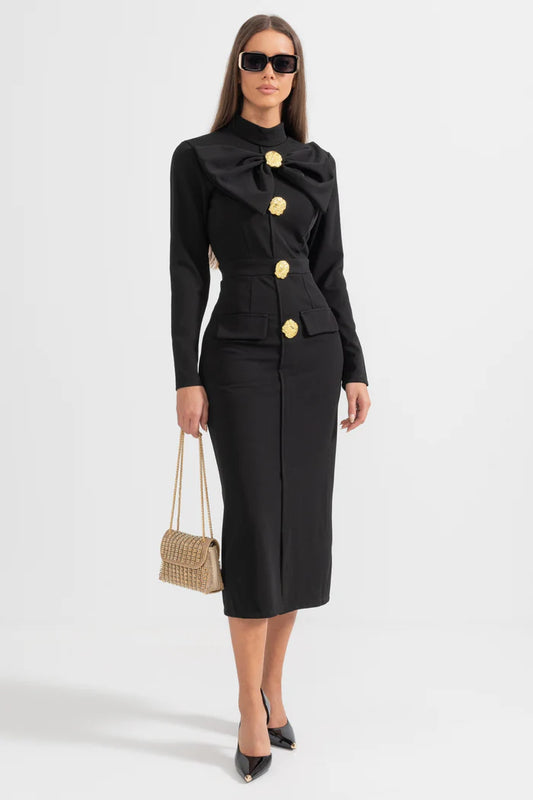 Robe élégante en col à clôture à manches longues - noir