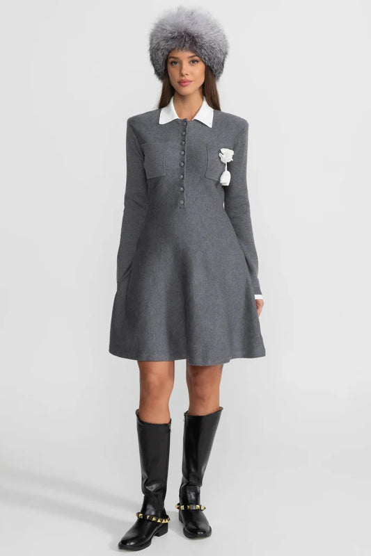 Mini Dress with Contrast Collar and Floral Brooch - Gray