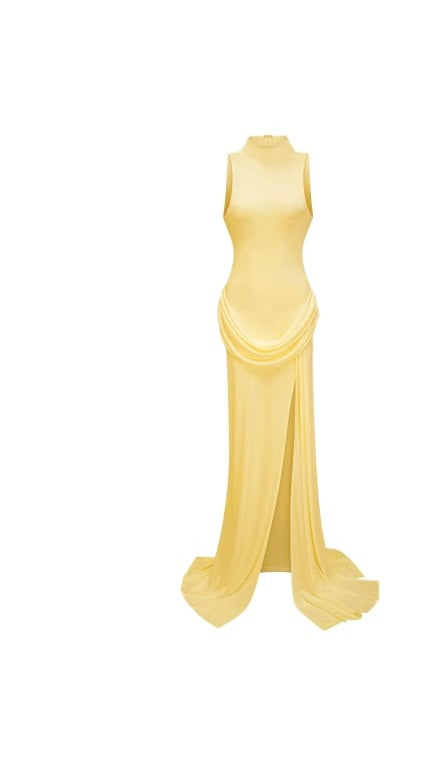 Mystérieuse Yellow Turtleneck Draped Maxi Dress