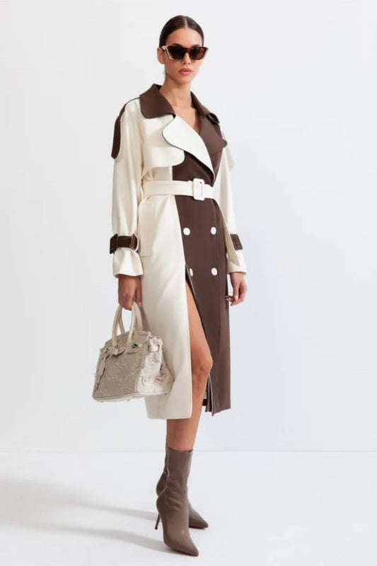 Bicolor Double Breasted Trench Coat - Cream&Brown