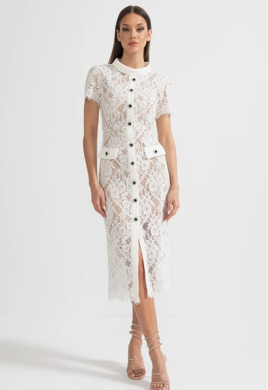 Elegant Short Sleeve Lace Dress With Matching Waist Belt - White