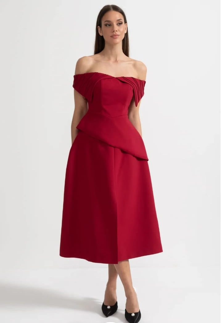 Off-Shoulder Set With Pleated Detail Top And Midi Skirt With Front Slit Accent - Red