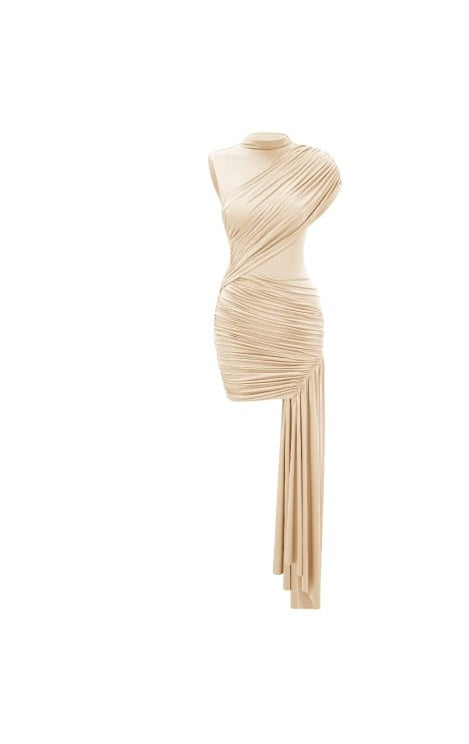 Fée Neutral Asymmetrical Ruched Mini Dress