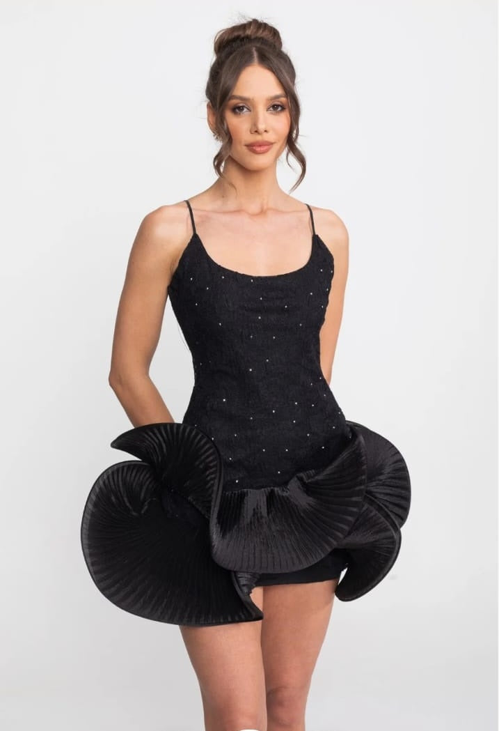 Babydoll Mini Dress With Sparkling Embellishments And Ruffled Peplum Skirt - Black