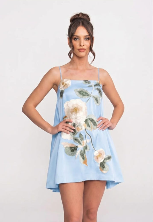 Thin Strap Mini Dress with 3D Floral Appliqué and A-Line Skirt - Blue