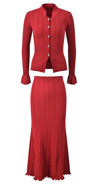Red Cardigan Skirt Suit
