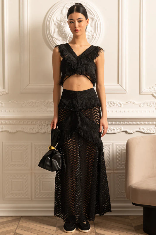 Fringed Ensemble With Sleeveless Crop Top And Long Sheer Skirt - Black