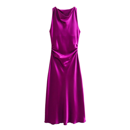 Round Neck Silk Satin  Waist Dress