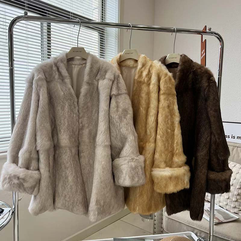 V-neck roll-up sleeve rabbit  mid-length fur coat