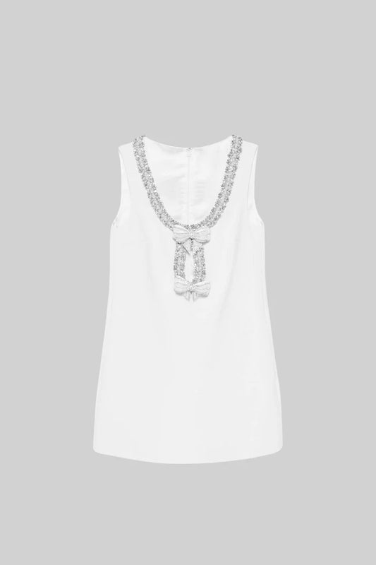Sleeveless Mini Dress With Intricate Sparkling Neckline And Bow Embellishments - White