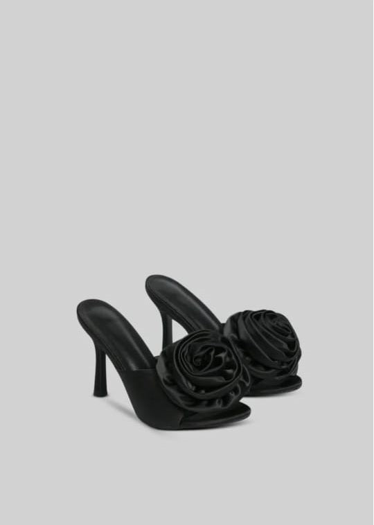 Satin Sandals with Flower Pom Pom - Black