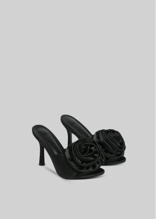 Satin Sandals with Flower Pom Pom - Black