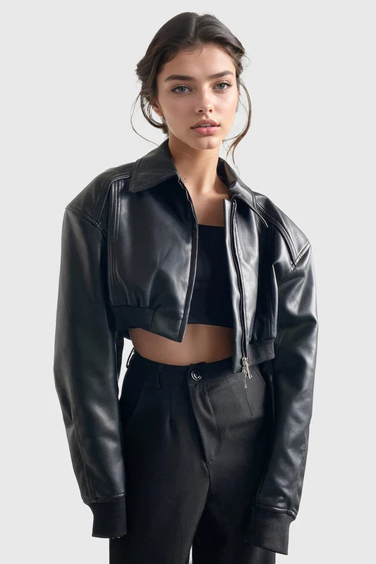 Short Bomber Jacket in Leather