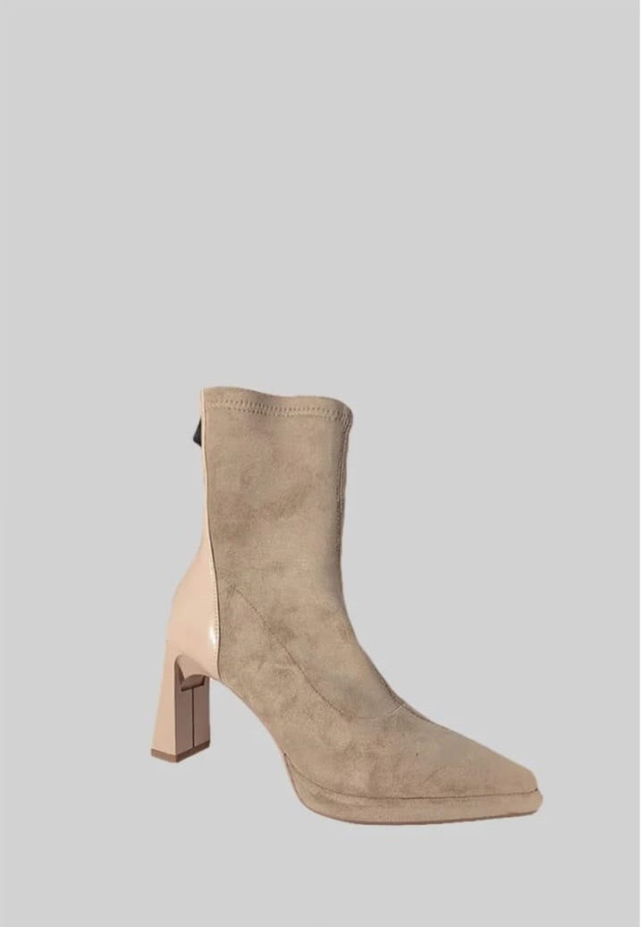 Glossy Heel Suede Ankle Boot - Beige