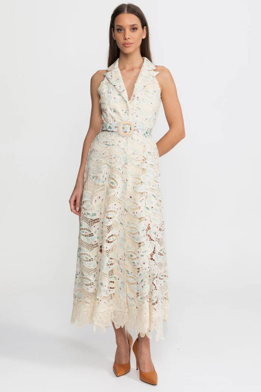Halter Lace Midi Dress with Belted Waist – Ivoire