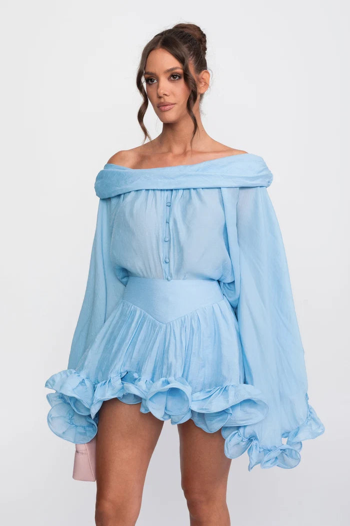 Off-Shoulder Ruffle Hem Co-Ord With Long Sleeves Shirt and Mini Skort - Light Blue