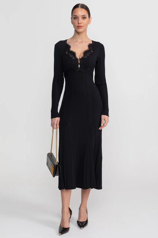 Ribbed Long Sleeve Midi Dress With Lace-Trim V-Neckline - Black