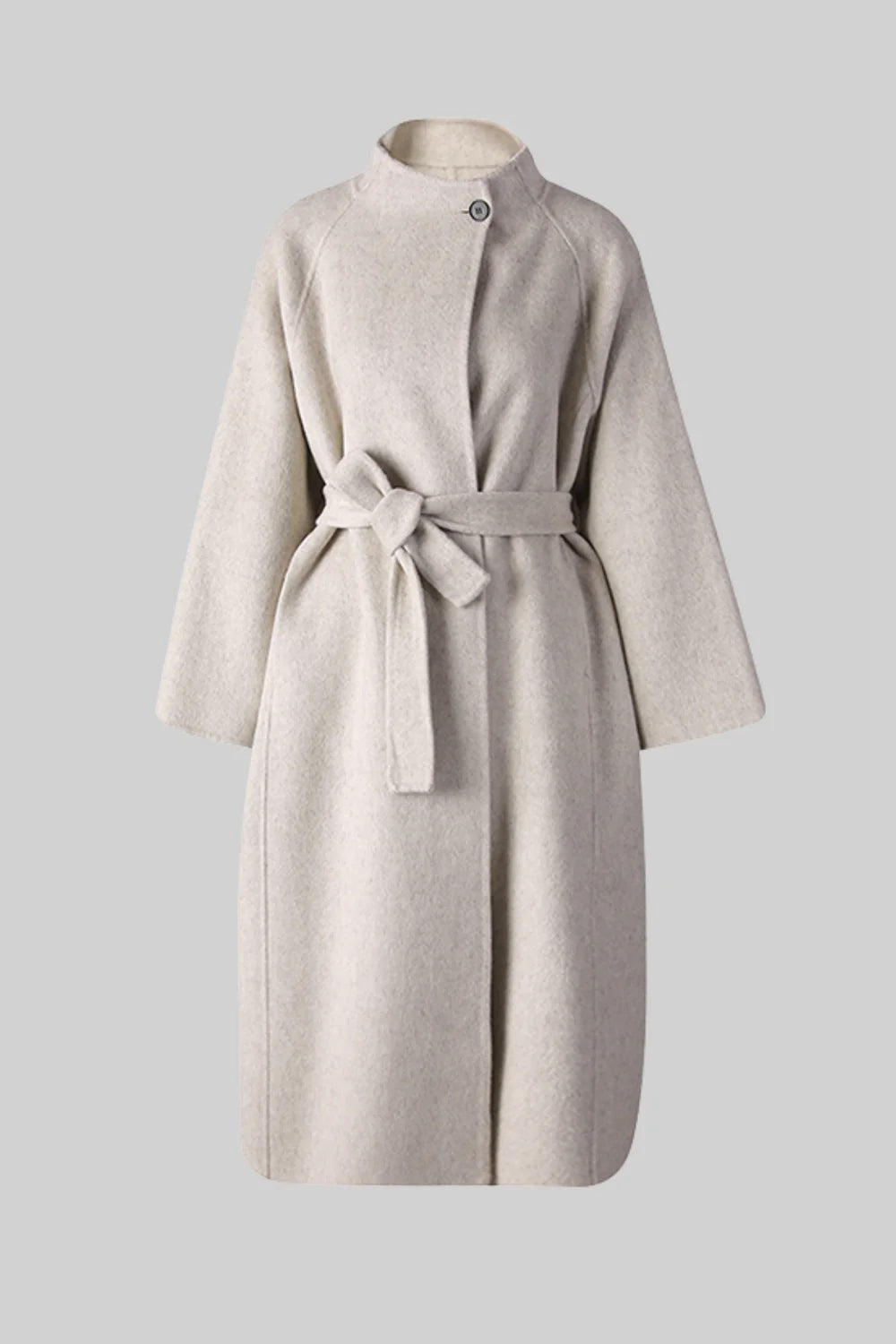 Belted Midi Coat With High Neckline - Beige