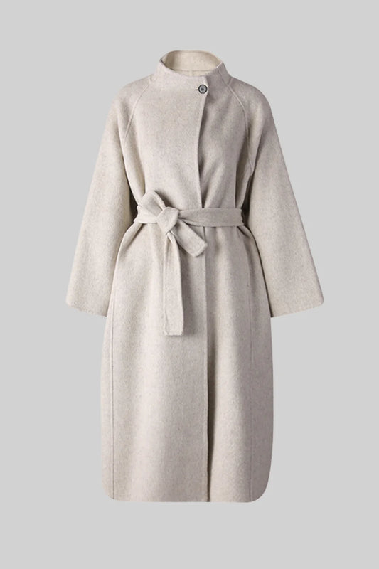 Belted Midi Coat With High Neckline - Beige