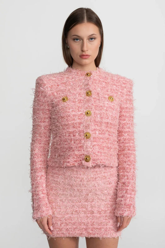 Textured Tweed Jacket With Gold Button Embellishments – Pink