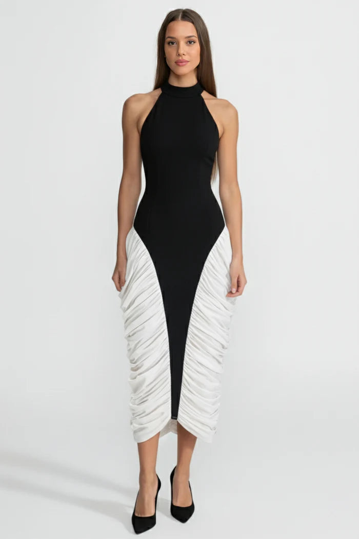 Two-Tone Ruched Halter Midi Dress – Black & White