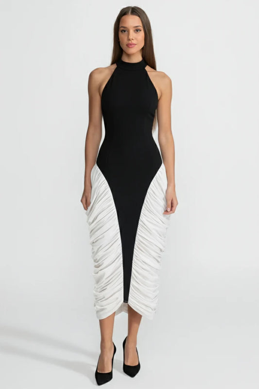 Two-Tone Ruched Halter Midi Dress – Black & White