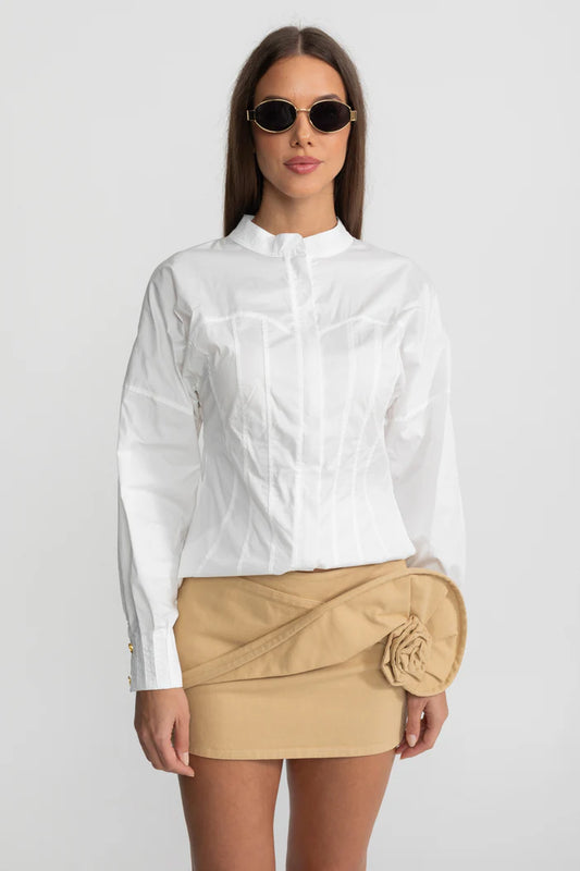Structured Cotton Poplin Shirt With Corset Stitch Detailing – White