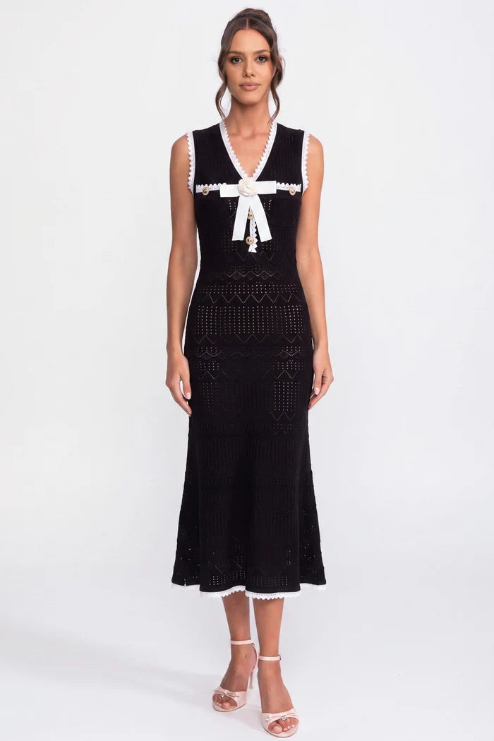 Crochet Knit Midi Dress With Black Trim And Bow - Black