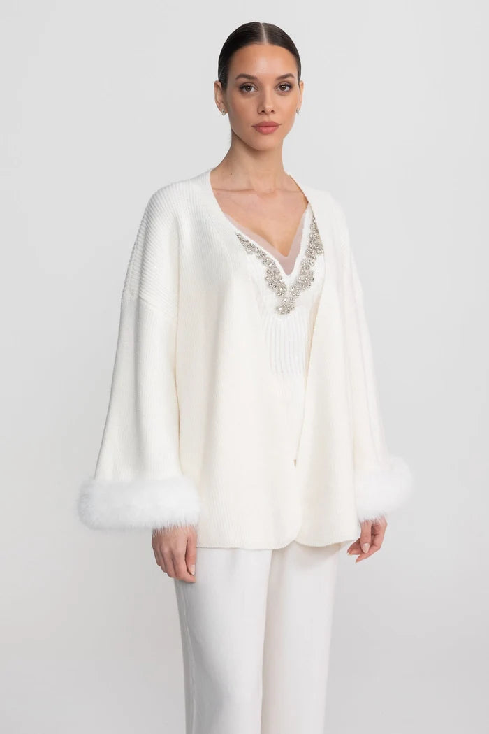 Knit Two Piece Set With Crystal Embellishments And Trim Cuffs - White