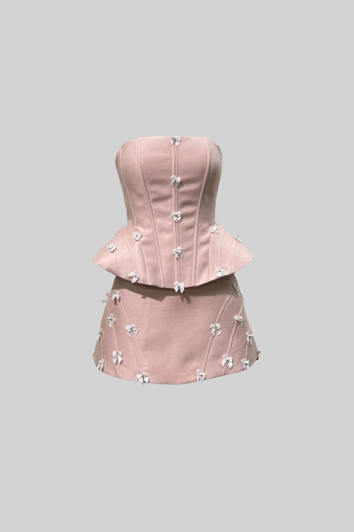 Elegant Set With Peplum Silhouette Top And Mini Skirt - Pink