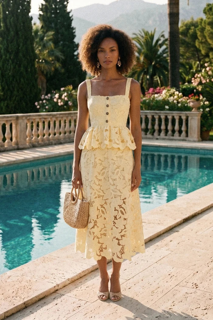 Sleeveless Lace Peplum Dress With Midi Skirt And Golden Buttons - Yellow