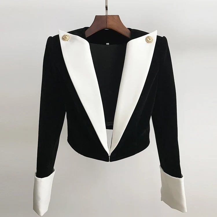 Color-Blocking Contrasting Slim Velvet Cropped Blazer