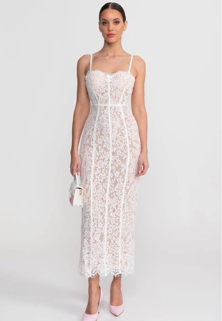 Lace Midi Dress With Sheer Corset Bodice - White