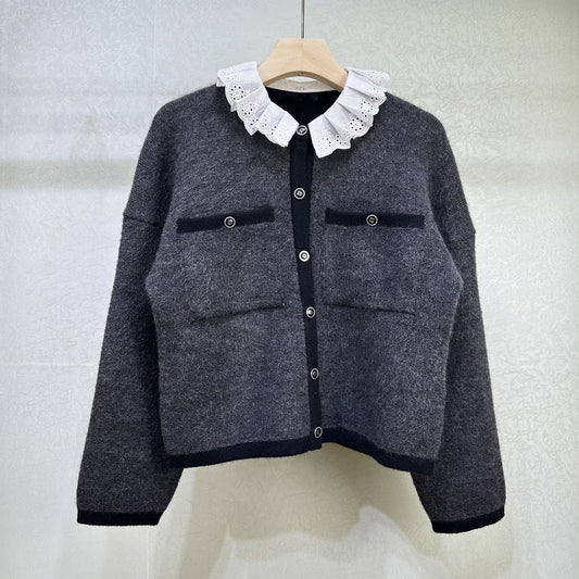 Stitched Collar grey Cardigan jacket