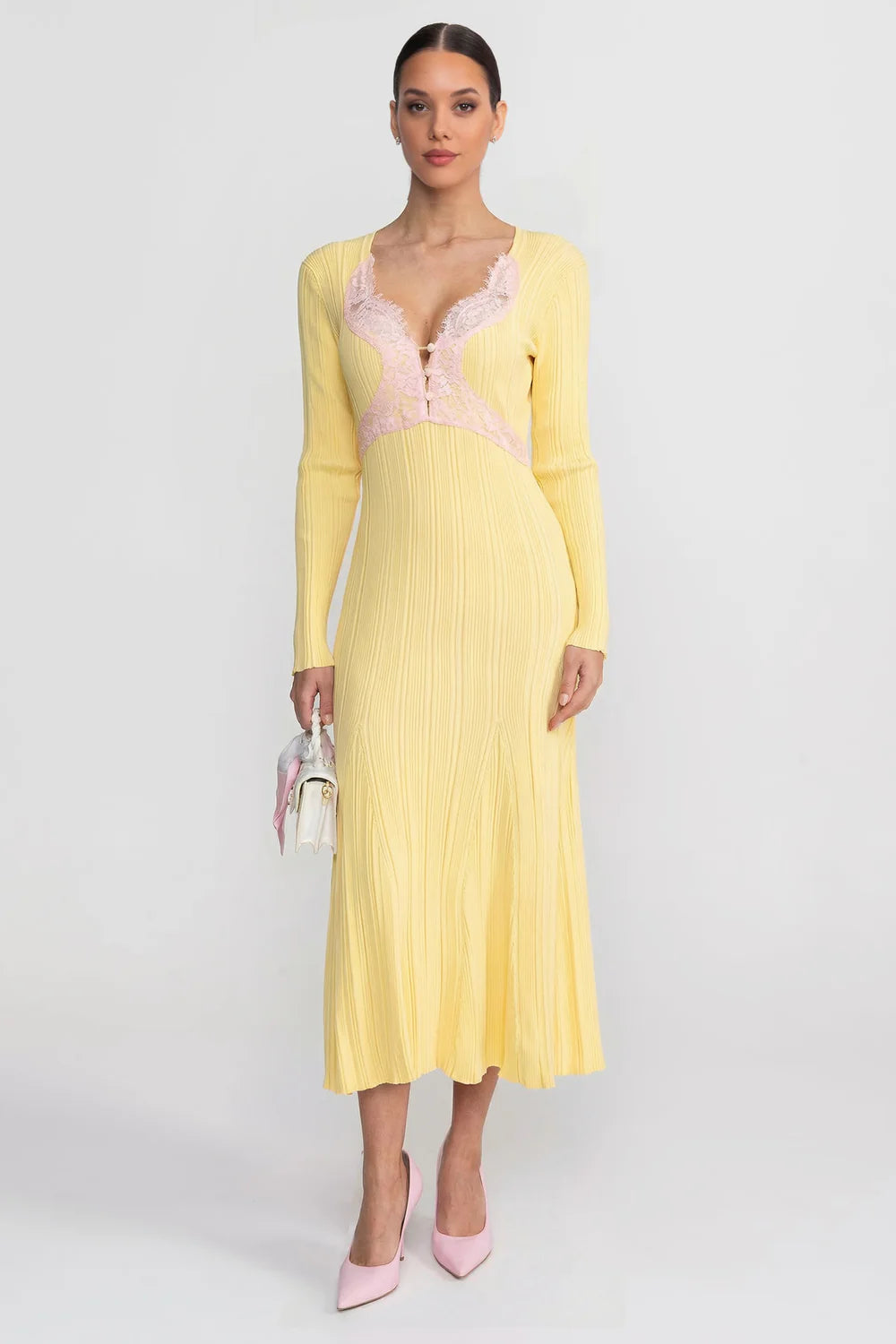 Ribbed Long Sleeve Midi Dress With Lace-Trim V-Neckline - Yellow