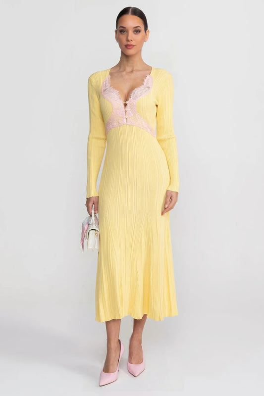 Ribbed Long Sleeve Midi Dress With Lace-Trim V-Neckline - Yellow