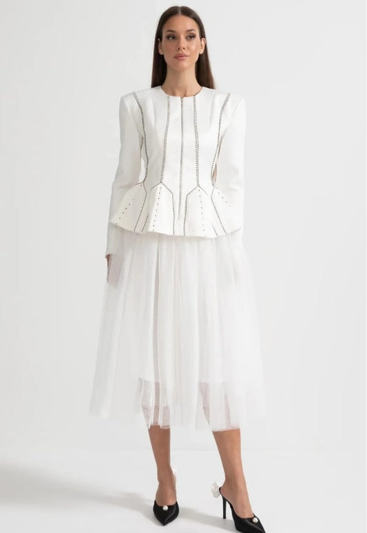 Peplum Jacket and Sheer Tulle Skirt Co-Ord Set with Structured Seams - White